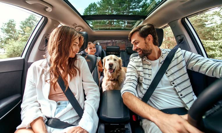 A family in their family car with a smiling dog in the back seat