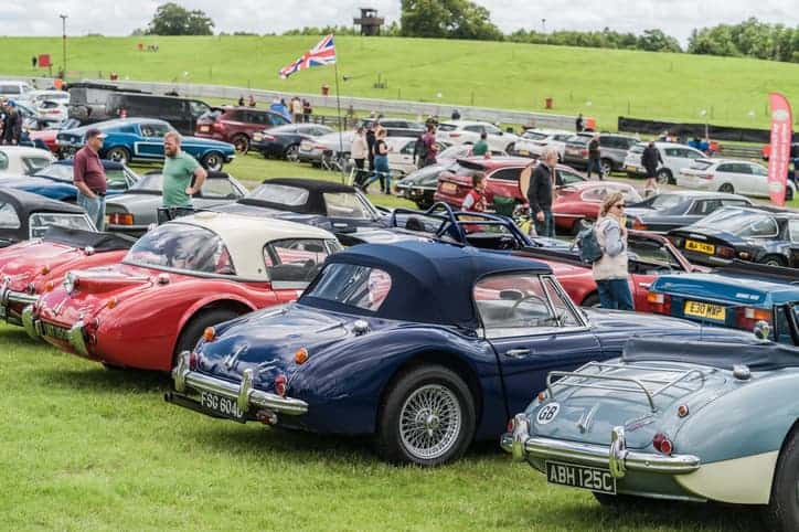 A car meet with a line of old convertable cars